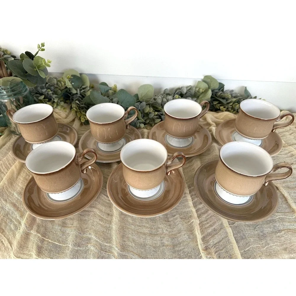 Seven 1980's Seville Denby Langley cup saucer tan cream‎ England Stoneware VTG